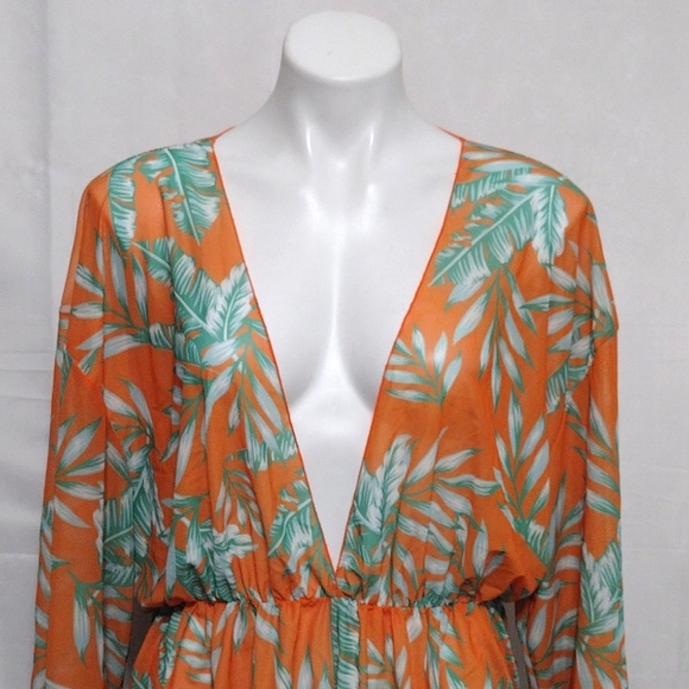 Sheer Tropical Cover Up Romper Plunge V Neck Cinched Waist Beach Resort XL - Picture 6 of 14